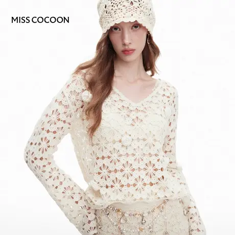 MISSCOCOON可可尼白色针织衫女2025秋季新款松弛感镂空绵羊毛上衣图片