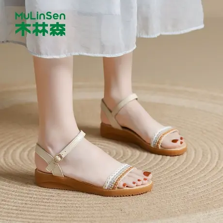 木林森凉鞋女2025新款夏季外穿百搭软底沙滩鞋轻便一字带罗马凉鞋图片
