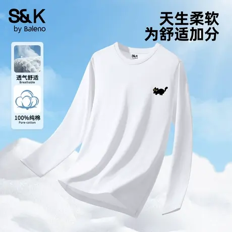 班尼路S&K系列白色长袖打底衫男秋季新款纯棉重磅上衣猫咪t恤男生商品大图