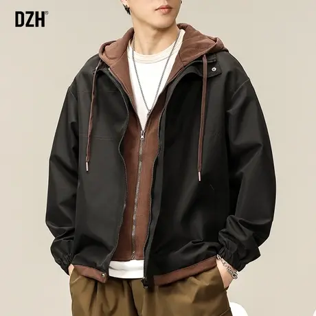 男士黑色假两件外套男美式春秋款潮高级感男装2023新款连帽夹克衫商品大图