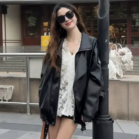 休闲时尚皮衣外套女春秋季新款韩版宽松pu皮机车服酷飒风夹克上衣图片
