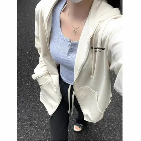 美式卫衣女春秋季宽松韩系潮牌高级感慵懒风连帽薄款开衫拉链外套商品大图