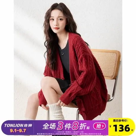 唐狮开衫红色毛衣外套女2024冬季新中式宽松V领毛线衫设计感小众商品大图