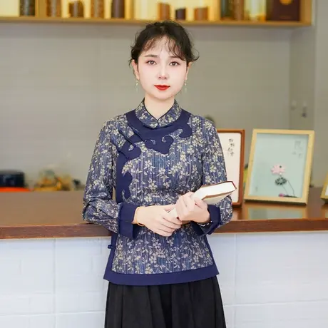 筠雅新款收腰显瘦国风唐装上衣女中式改良复古女士斜襟长袖25J331图片