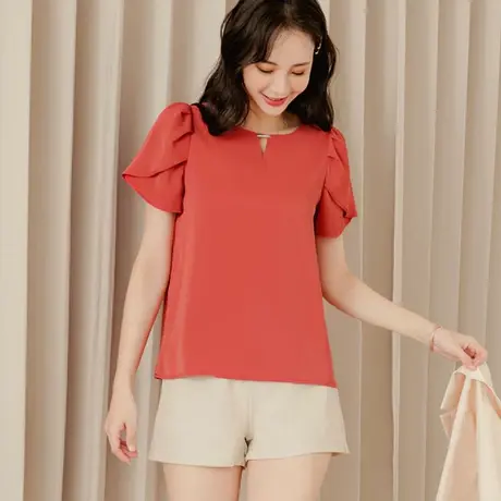 桔熊夏季通勤雪纺衫闺密装荷叶边花苞袖露锁骨上衣女大码AB16978图片