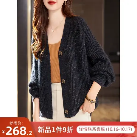 宝诗黎V领亮丝单排扣针织开衫软糯毛衣2023新款秋冬时尚宽松外套商品大图