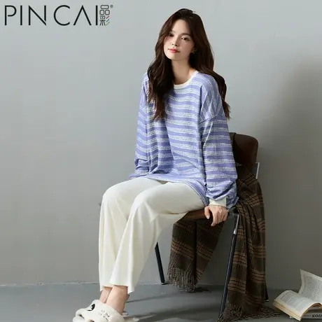 睡衣女秋冬款2025新款德绒保暖加厚条纹韩版家居服套装冬季可外穿商品大图
