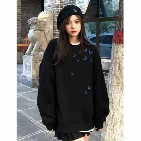 黑色圆领重磅卫衣女早秋2025新款小蝴蝶长袖薄款美式慵懒chic上衣商品大图