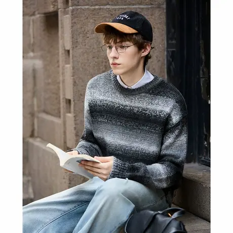 唐狮秋冬季毛衣男圆领套头渐变粗纹肌理毛织毛线衫慵懒高级感TM图片