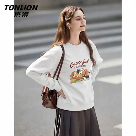 唐狮官方圆领卫衣女2026新款春季宽松大码套头外套百搭印花上衣VC图片