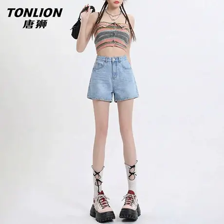 唐狮官方a字牛仔短裤女2026新款夏复古水洗高腰显瘦热裤三分裤VC商品大图