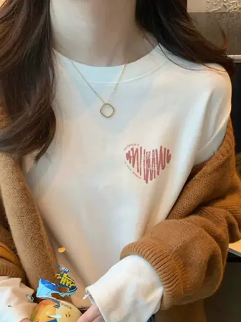 情侣装白色内搭打底衫女2023新款秋冬季加绒仿棉长袖t恤美式上衣商品大图