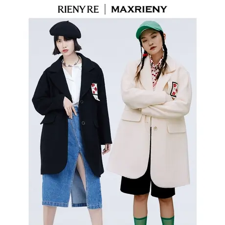 MaxRieny双色趣味红花毛呢丝巾装饰复古仿羊羔绒外套中长款商品大图