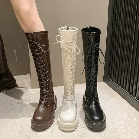 长筒靴女2023春秋季新款小众设计感复古法式瘦瘦靴粗跟高跟骑士靴商品大图