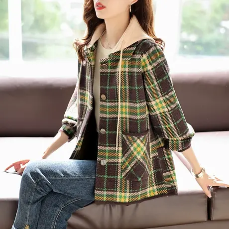 宝诗黎连帽拼接复古格子单排扣外套2023秋新款时尚韩版洋气上衣女商品大图