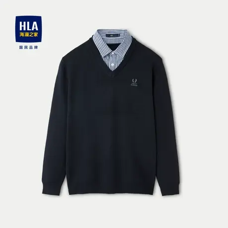 HLA/海澜之家假两件保暖针织衫2023秋冬新款不易起球撞色毛衣男商品大图