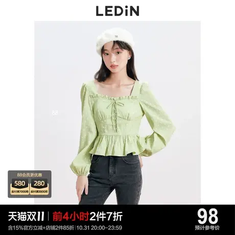 乐町大方领系带小上衣休闲秋季新款绿色雪纺上衣女宽松设计感图片