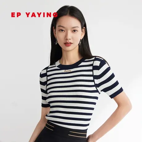 EP雅莹女装 简约撞色条纹圆领冰丝短袖针织衫 2023夏装新款9915A图片