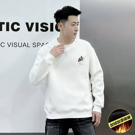 秋冬款加绒卫衣男2023新款潮流轻熟印花设计感宽松加厚打底衫上衣商品大图