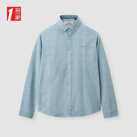 海一家简约格纹长衬2023冬季新款扣领尖领中年男士长袖衬衫商品大图