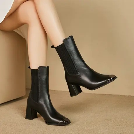 秋冬季新款方头短靴女粗高跟欧美风时尚金属头防踢气质真皮女靴商品大图