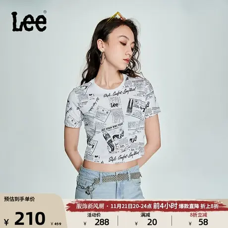 Lee商场同款23新品修身短款白色复古报纸印花女短袖T恤美式潮图片