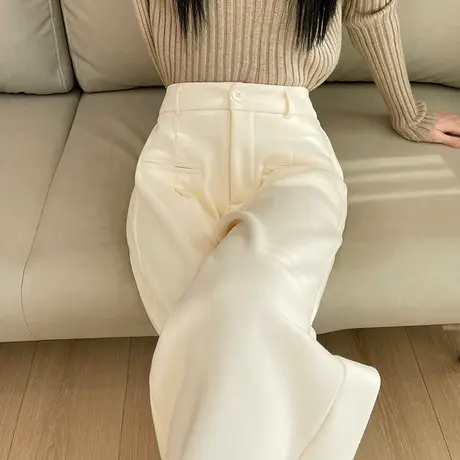 白色窄版阔腿裤女冬季新款加绒加厚高腰宽松显瘦垂感拖地休闲西裤商品大图
