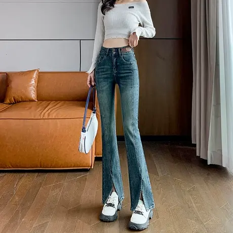 美式复古开叉微喇牛仔裤女春秋高腰显瘦宽松垂感拖地直筒喇叭裤子商品大图