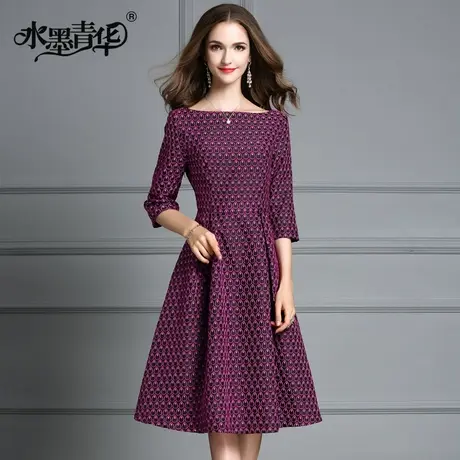 【1件7.9折】秋季新品时尚圆领大摆裙修身七分袖中长款提花连衣裙图片