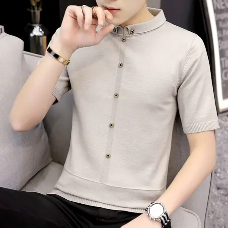 针织短袖t恤男士夏季韩版薄款翻领社会青年帅气个性半袖打底小衫商品大图