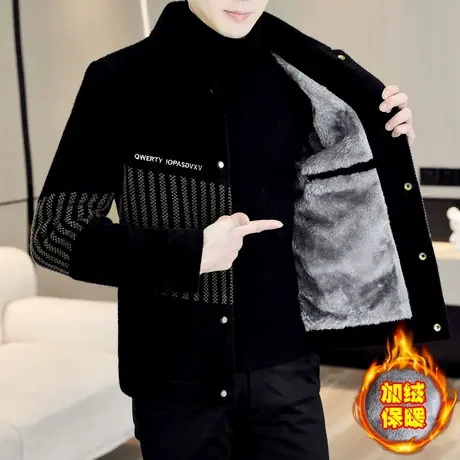 拼接外套男潮流冬季金貂绒加绒加厚痞帅时尚男装翻领韩版刺绣夹克商品大图