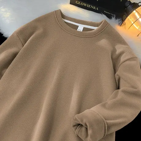 重磅华夫格卫衣男秋冬款圆领无帽加绒加厚保暖长袖t恤高级感日系商品大图