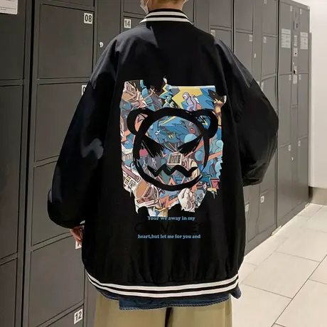 恶魔笑脸印花棒球服男潮牌立领条纹开衫春秋外套潮流排扣宽松夹克商品大图