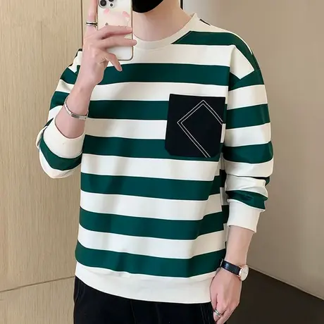 春装2023年韩版潮牌圆领条纹卫衣男款春秋季新款青年长袖T恤小衫商品大图