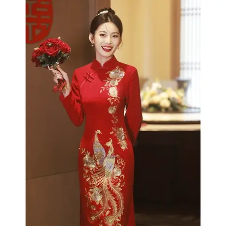 高端旗袍敬酒服新娘凤凰刺绣2024新款中式订婚回门结婚礼服连衣裙图片