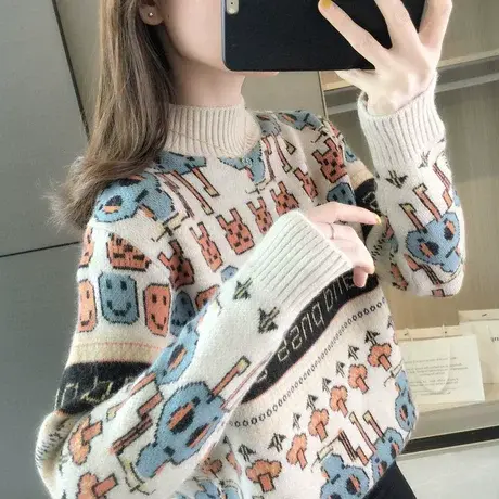 中领毛衣女冬加厚2025年新款宽松外穿提花卡通慵懒风打底衫女洋气商品大图