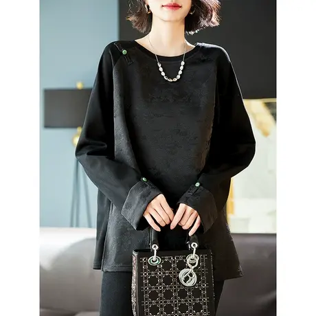 宝诗黎圆领提花宽松卫衣女长袖T恤2024春季新款休闲国风中式上衣图片