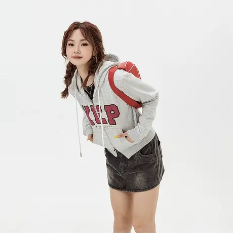 YEP短款紧身开衫连帽卫衣女春秋2024新款美式复古辣妹风运动外套图片