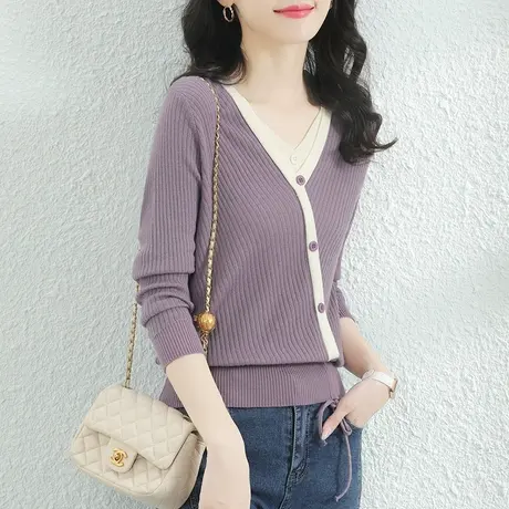 韩潮袭人多巴胺V领毛衣女士假两件套头长袖春季打底针织衫上衣厚图片