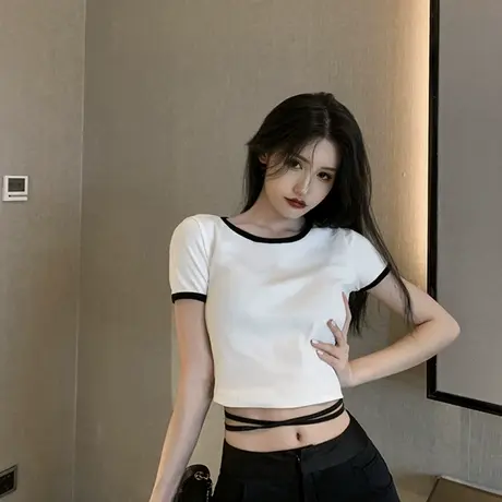 2023新款春夏欧货别致小衫爆款甜辣妹短款纯欲上衣女装短袖t恤ins图片