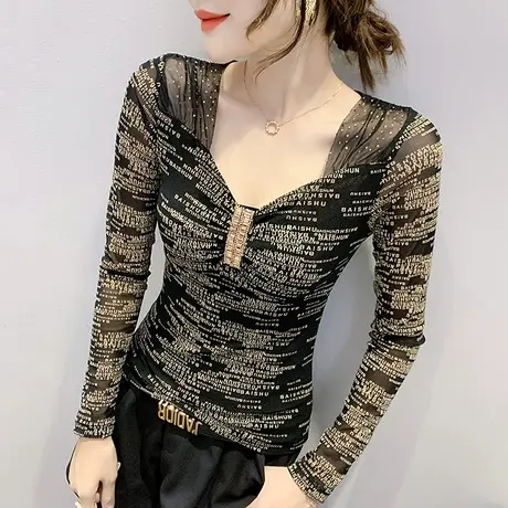 2024春秋新款性感V领T恤女长袖加绒烫钻网纱上衣修身内搭打底衫冬商品大图