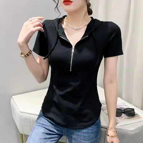2024夏季新款网红个性T恤女短袖设计感连帽上衣不规则拉链小衫ins商品大图