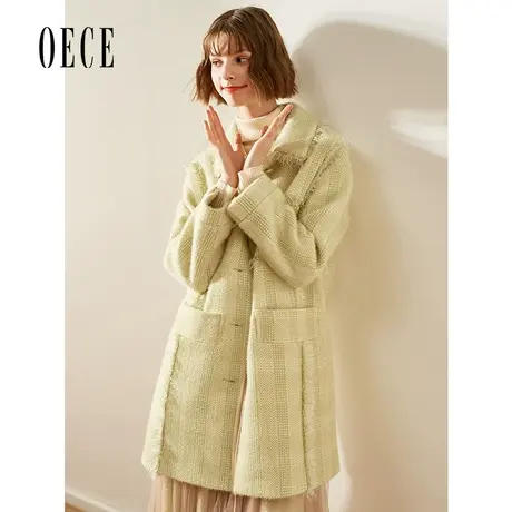 Oece秋冬新款小香风大衣流行中长款格子毛呢外套商品大图