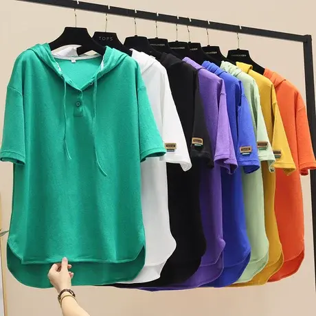 短袖t恤女2023年夏季新款韩版宽松大码洋气百搭休闲连帽上衣ins潮商品大图