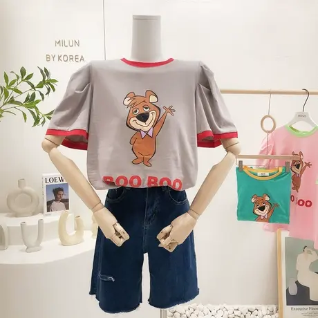 韩国东大门泡泡袖上衣2022夏新款甜美熊撞色短袖T恤女小众设计感图片