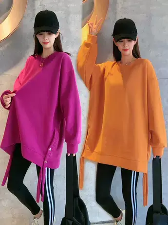 2023秋季新款长袖卫衣女复古纯色洋气宽松慵懒风侧边开叉圆领上衣商品大图