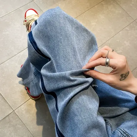 浅色阔腿牛仔裤女春秋2024年新款高腰直筒宽松显瘦ins撞色拖地裤商品大图