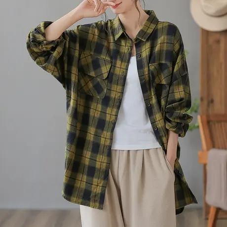 dza 复古中长款格子衬衫外套女2023春秋新款宽松显瘦上衣长袖衬衣图片