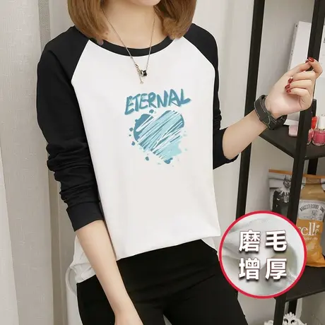 撞色插肩长袖t恤女字母印花圆领春秋款拼接上衣纯棉打底衫百搭潮图片