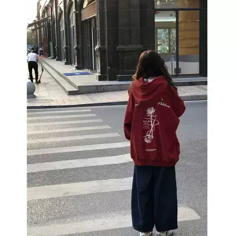 欧美风hiphop酒红色卫衣女秋冬设计感大码加绒连帽潮ins情侣外套商品大图